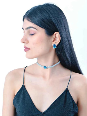 Pendant Choker with earrings - Royal Blue