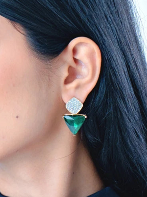 Triangle Cz Hanging Earrings - Green