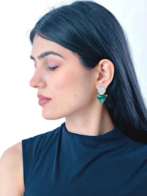 Triangle Cz Hanging Earrings - Green