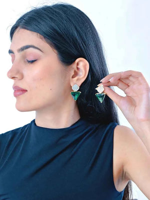 Triangle Cz Hanging Earrings - Green