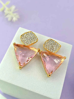 Triangle Cz Hanging Earrings - Pink