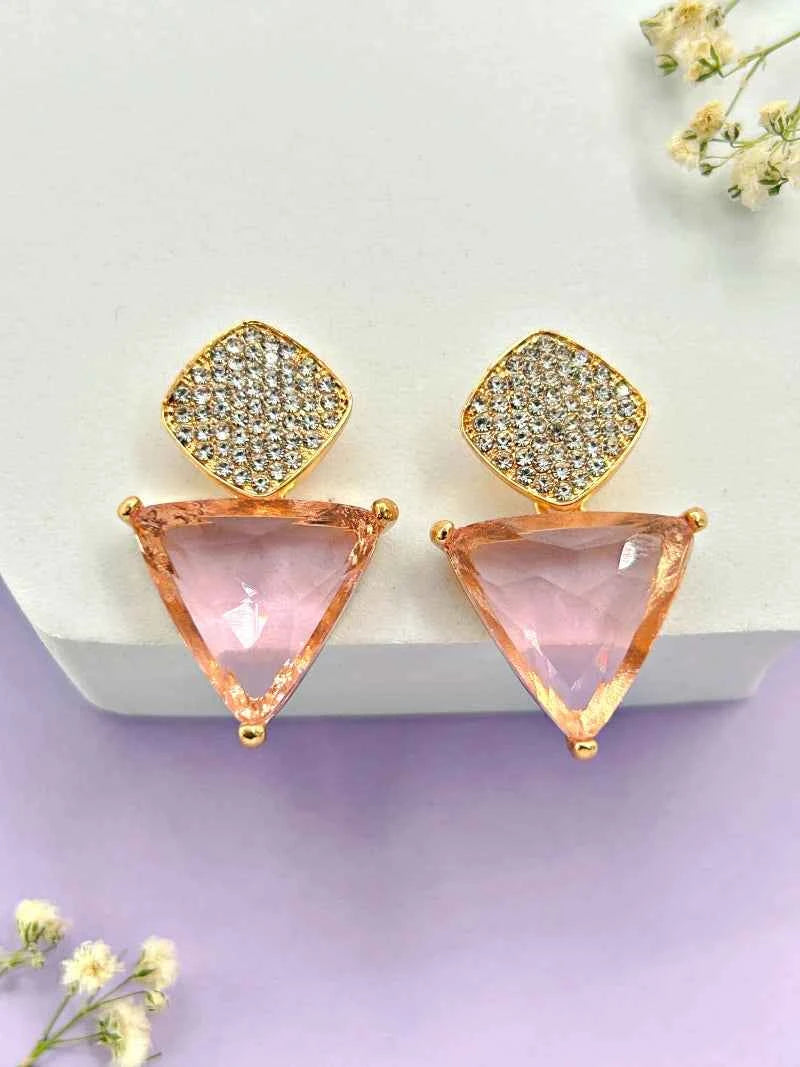 Triangle Cz Hanging Earrings - Pink