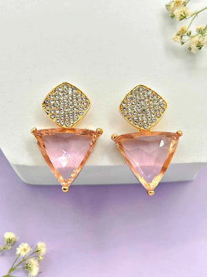 Triangle Cz Hanging Earrings - Pink
