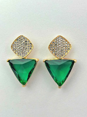 Triangle Cz Hanging Earrings - Green