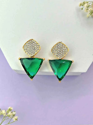 Triangle Cz Hanging Earrings - Green