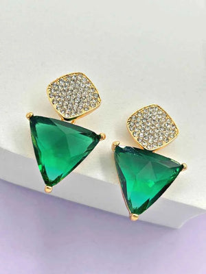 Triangle Cz Hanging Earrings - Green