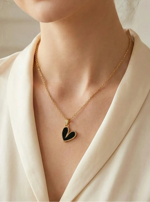 Bojoya Asymmetrical Heart Necklace Minimalist Love Pendant - Black