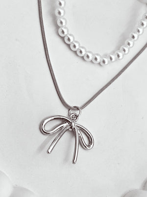 2 Layer Pearl & Bow chain pendant - Bojoya Jewellery