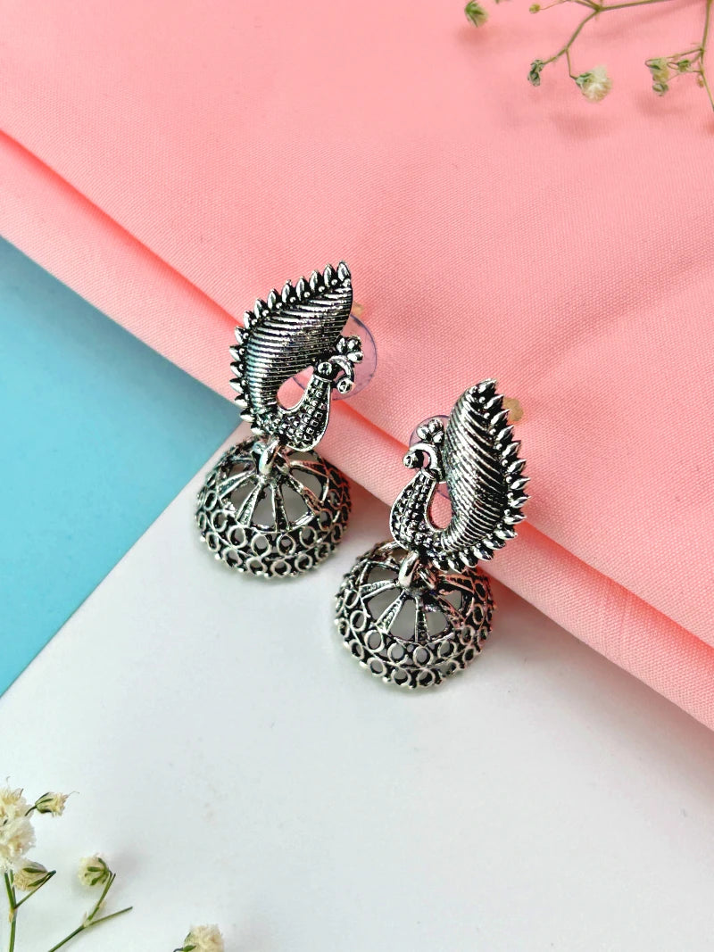 Oxidized Peacock Jhumkas - Bojoya Jewellery