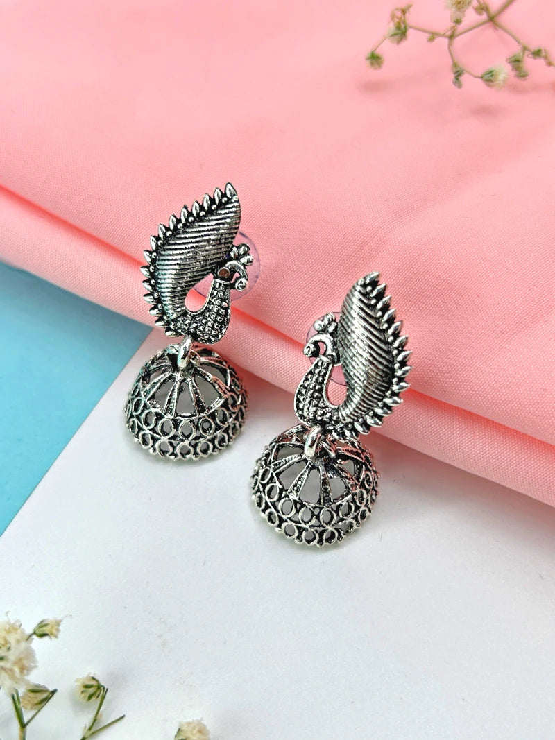 Oxidized Peacock Jhumkas - Bojoya Jewellery