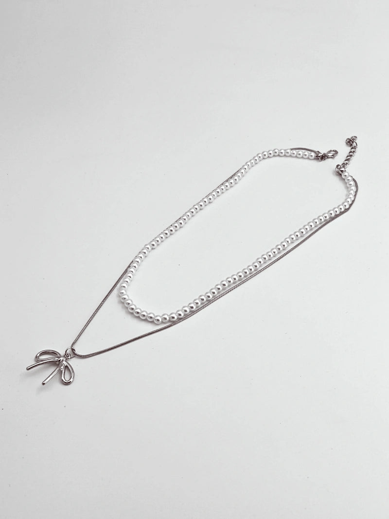 2 Layer Pearl & Bow chain pendant - Bojoya Jewellery
