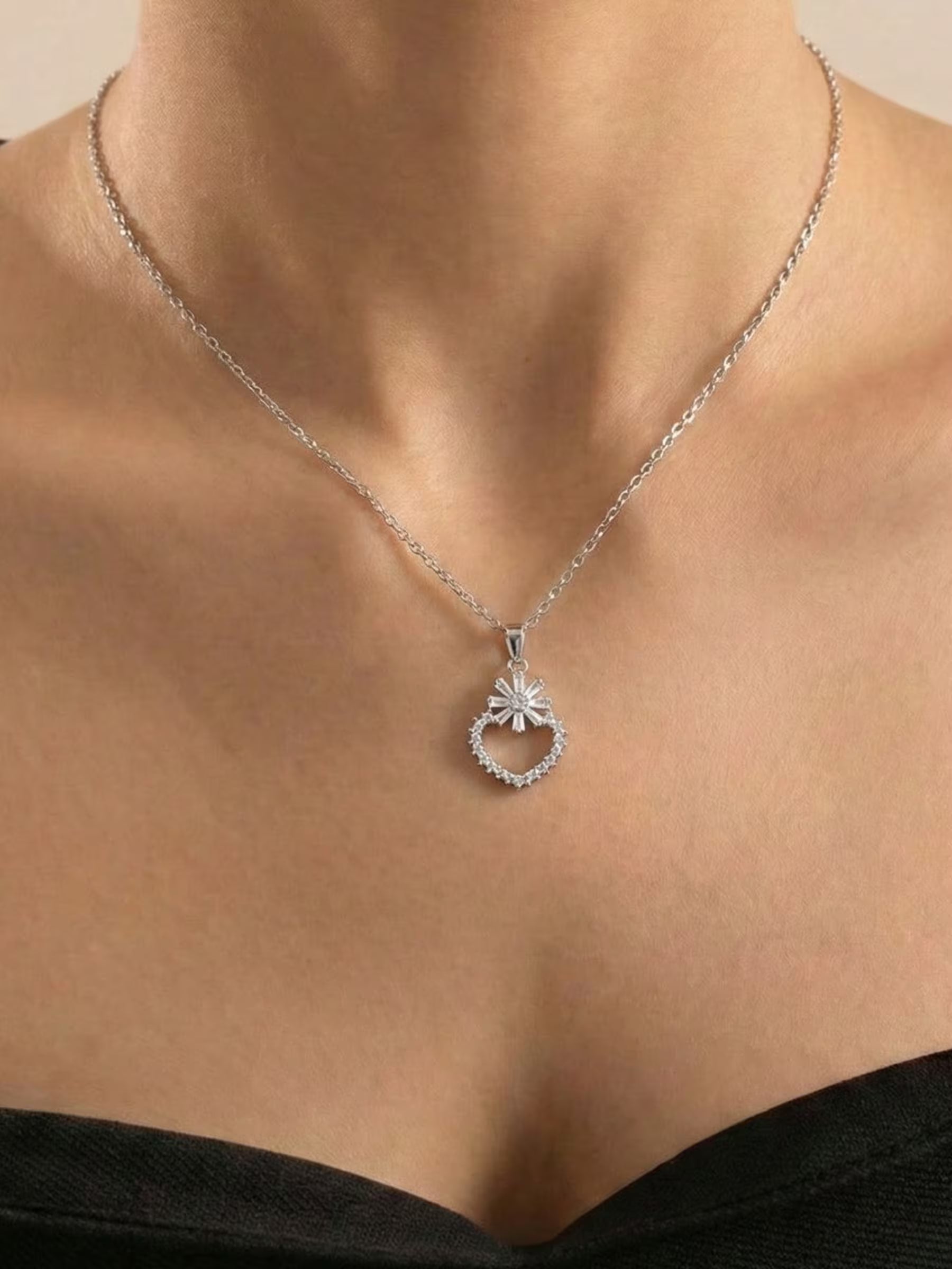 Flower with heart Silver Chain Pendant
