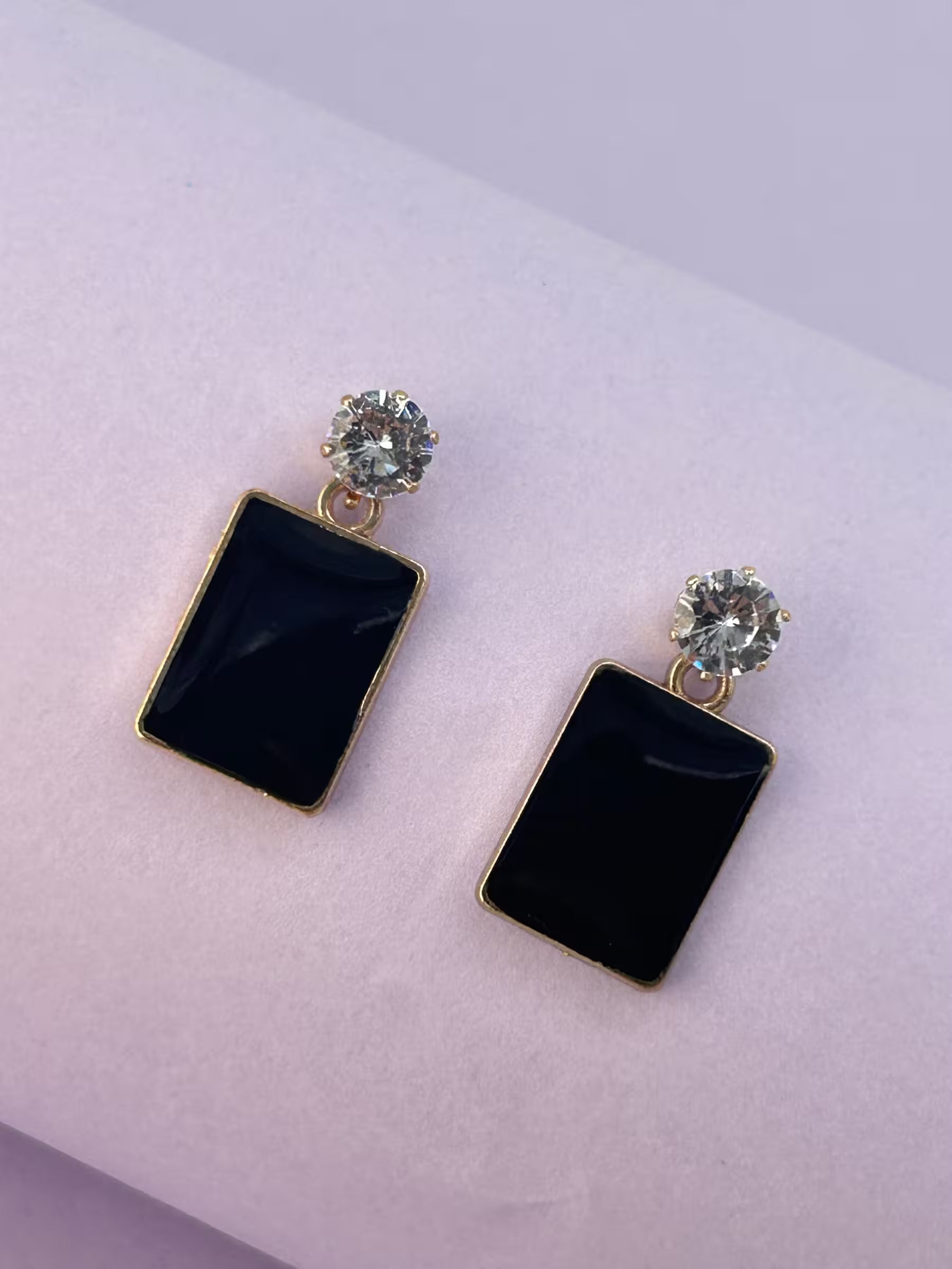 Cz Black Rectangle Hanging Earrings