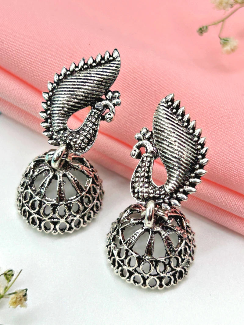 Oxidized Peacock Jhumkas - Bojoya Jewellery