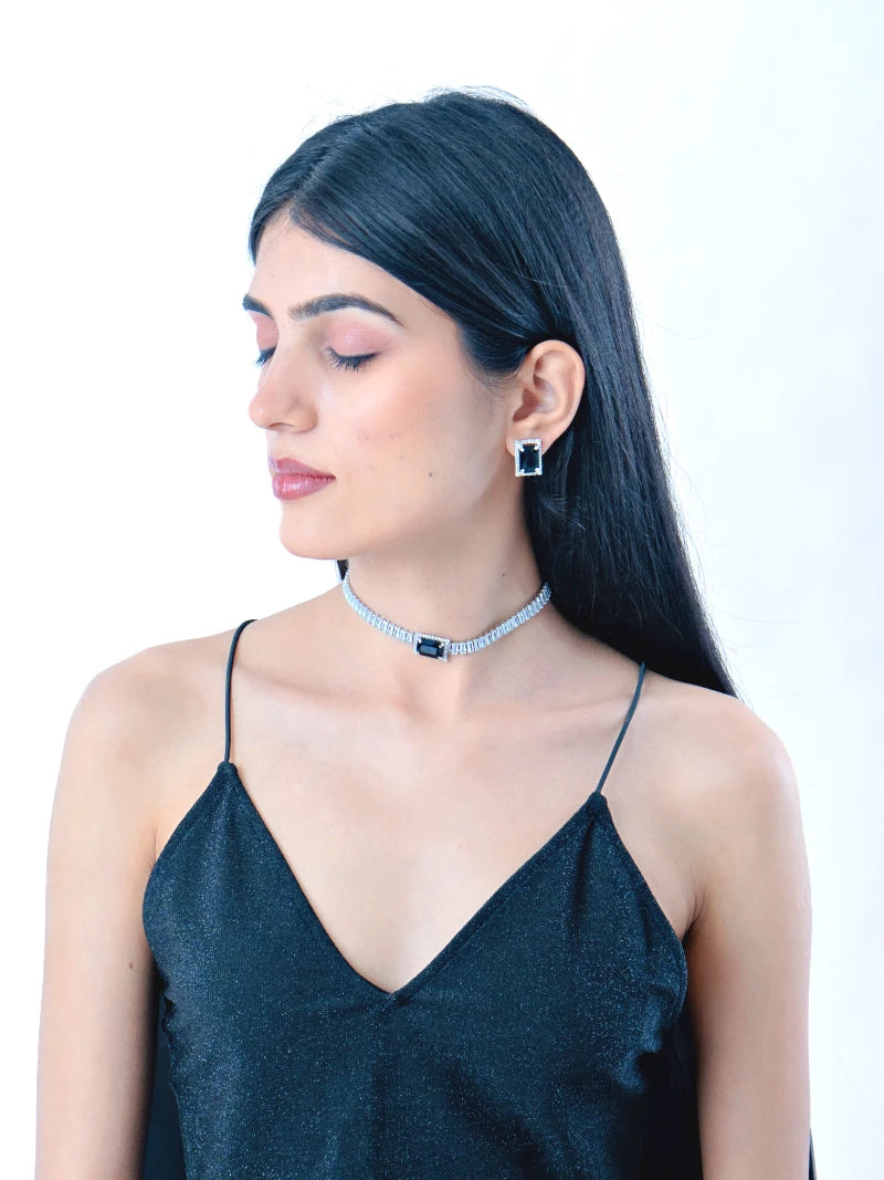 Pendant Choker with earrings - Black - Bojoya Jewellery