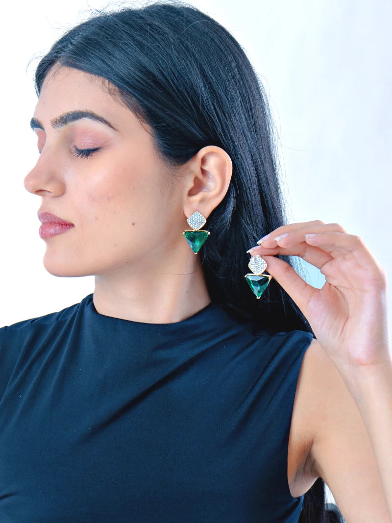 Triangle Cz Hanging Earrings - Green - Bojoya Jewellery