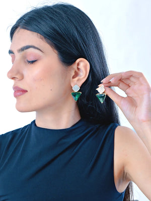 Triangle Cz Hanging Earrings - Green - Bojoya Jewellery