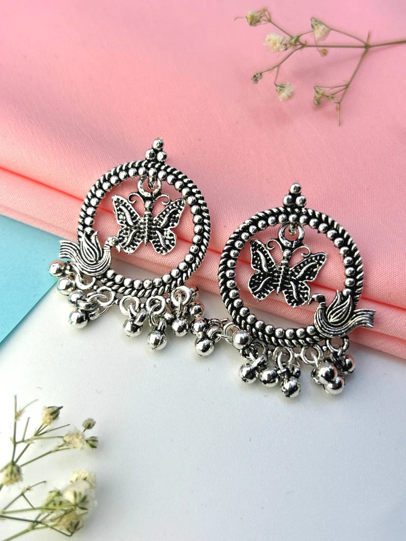 Peacock & Butterfly Chandbali oxidised Earrings - Bojoya Jewellery