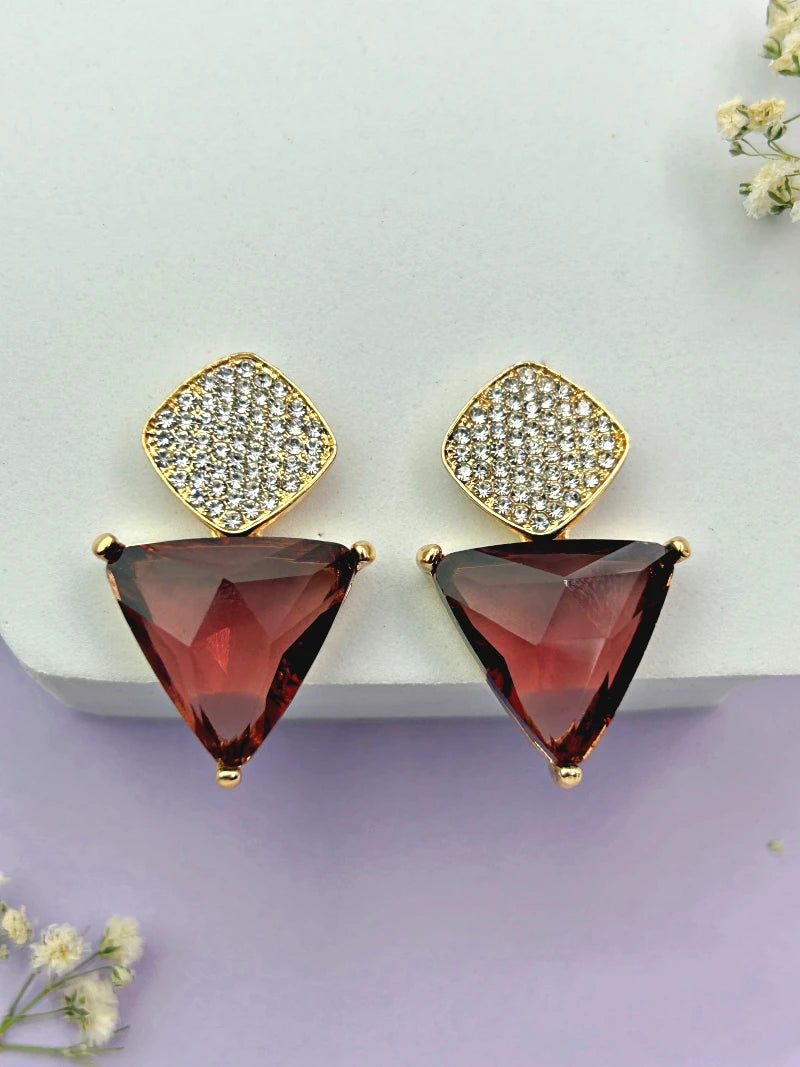 Triangle Cz Hanging Earrings - Brown - Bojoya Jewellery
