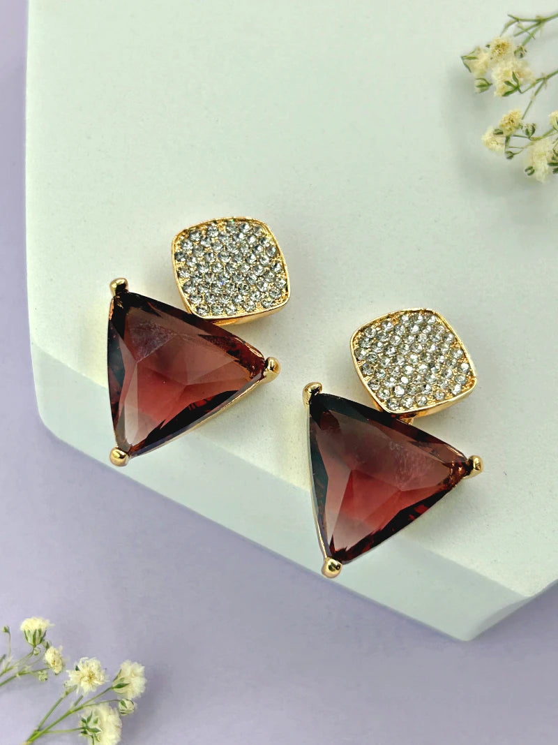 Triangle Cz Hanging Earrings - Brown - Bojoya Jewellery