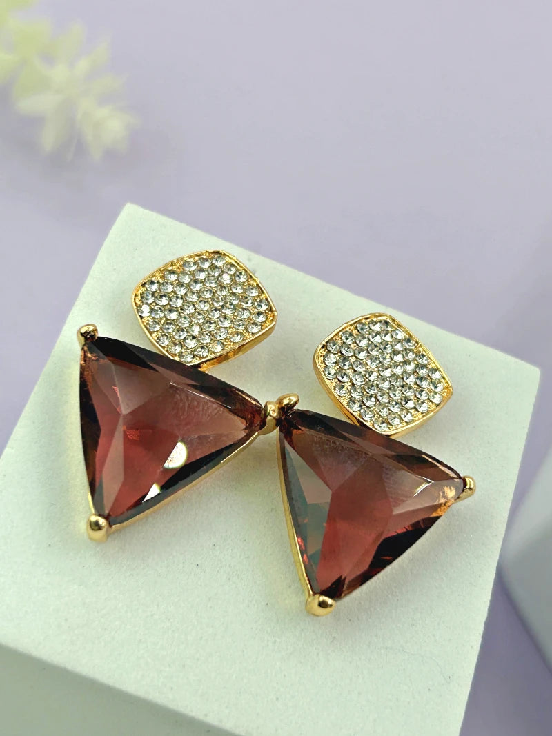 Triangle Cz Hanging Earrings - Brown - Bojoya Jewellery