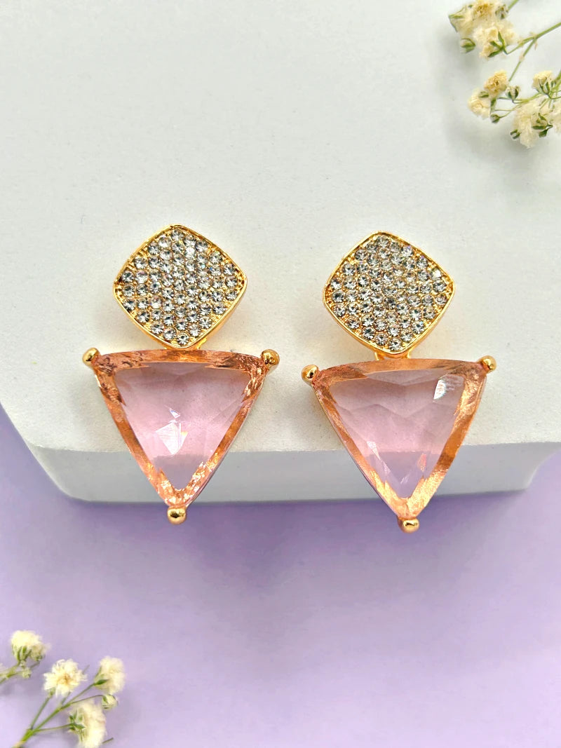 Triangle Cz Hanging Earrings - Pink - Bojoya Jewellery