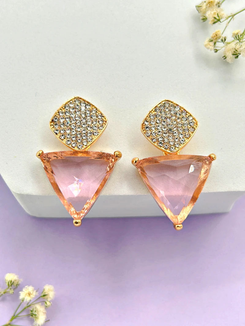 Triangle Cz Hanging Earrings - Pink - Bojoya Jewellery