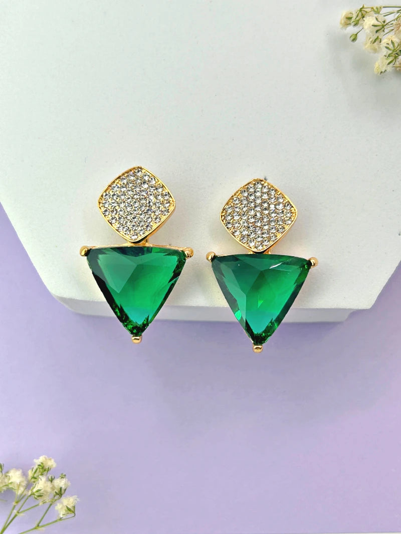 Triangle Cz Hanging Earrings - Green - Bojoya Jewellery