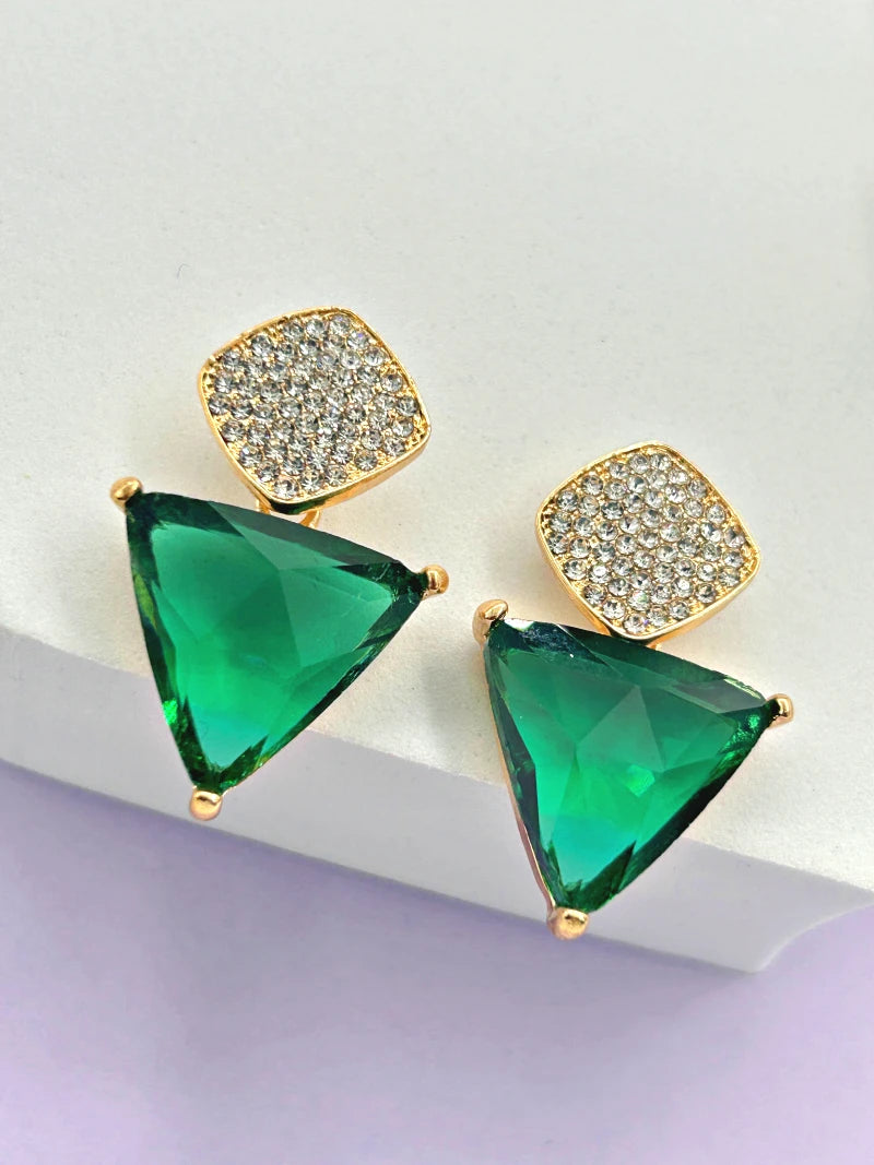 Triangle Cz Hanging Earrings - Green - Bojoya Jewellery
